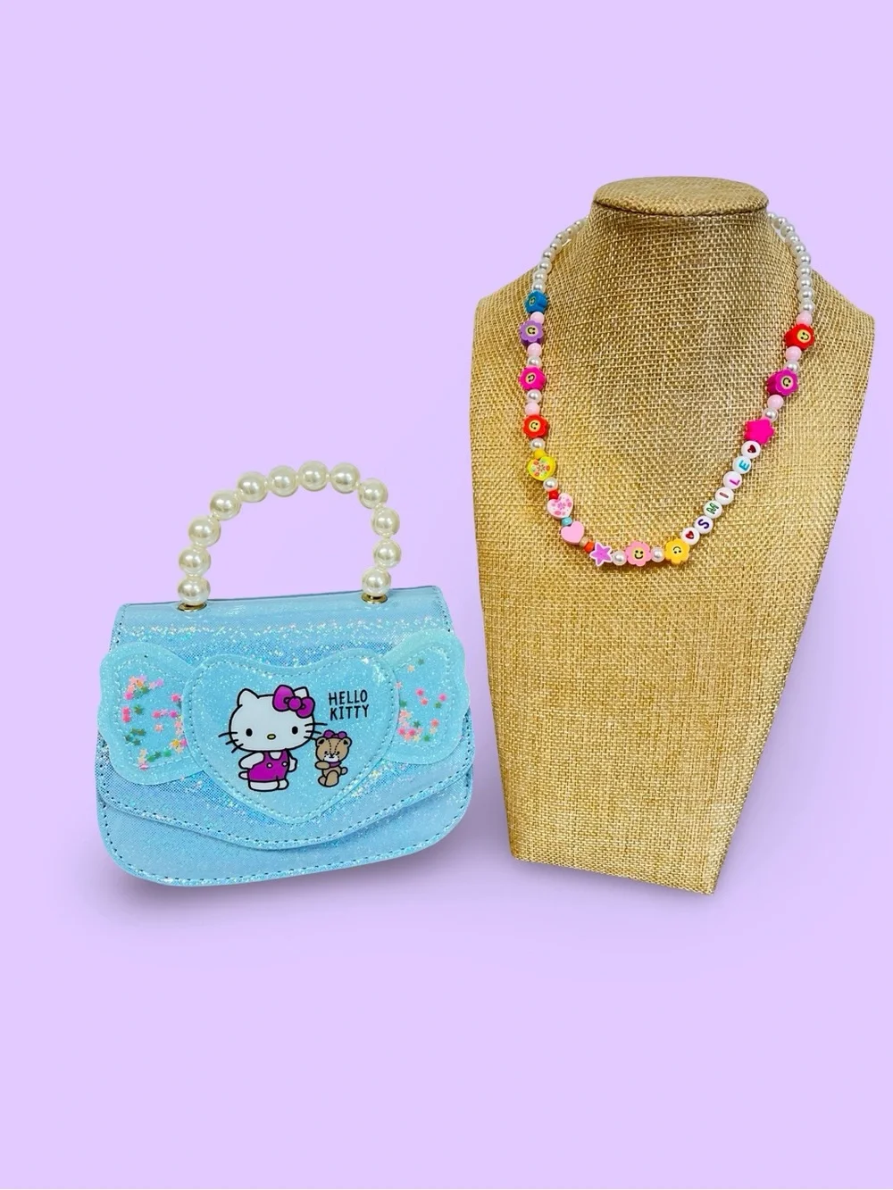 Hello Kitty Light Blue Sparkle Kids Purse Pearl Handle & Beaded kids necklace